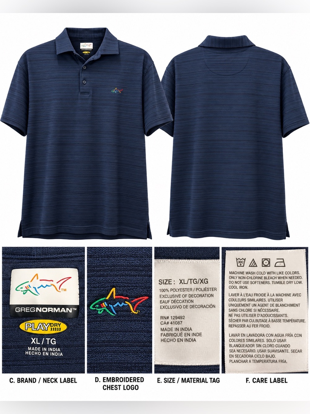 Greg Norman PlayDry Men’s XL Navy Blue Golf Polo Shirt Shark Logo